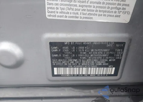 2012 Subaru Outback 2.5I Premium from USA, damaged, VIN 4S4BRBCC4C3219042